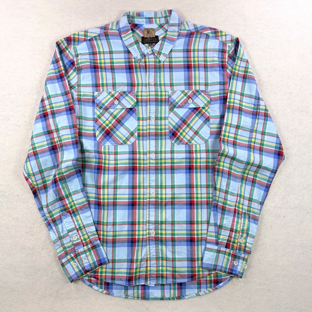 PRPS Goods & Co Mens Large Blue Plaid Button Down Shirt Long Sleeve Cotton